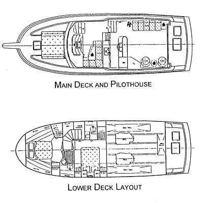 Slide: The Image of Deck layout of 1997 McKinna 48 Pilothouse, showing main and lower deck designs. - 7