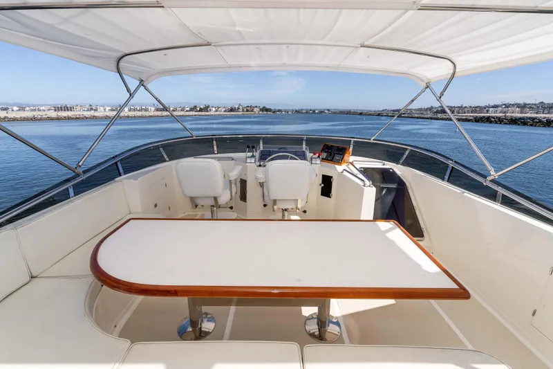 Slide: The Image of 2000 Offshore Yachts Flushdeck, spacious deck with seating, overlooking serene waters. - 24
