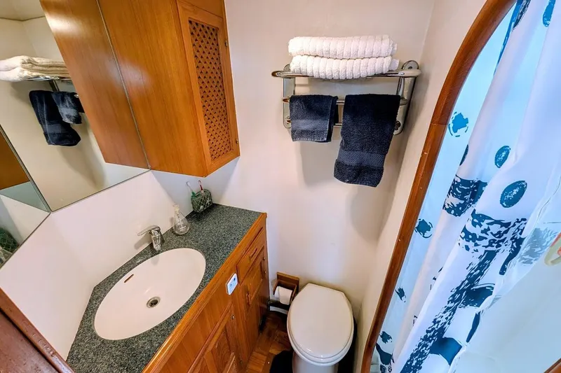 Slide: The Image of Compact bathroom in a 1987 DeFever Trawler with sink, toilet, and shower curtain. - 20
