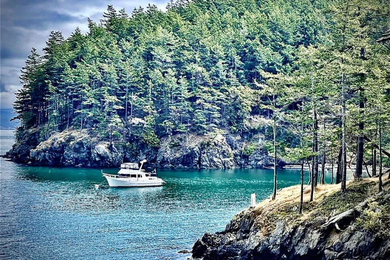 Slide: The Image of 1987 DeFever Trawler anchored near lush, forested island in tranquil blue waters. - 53
