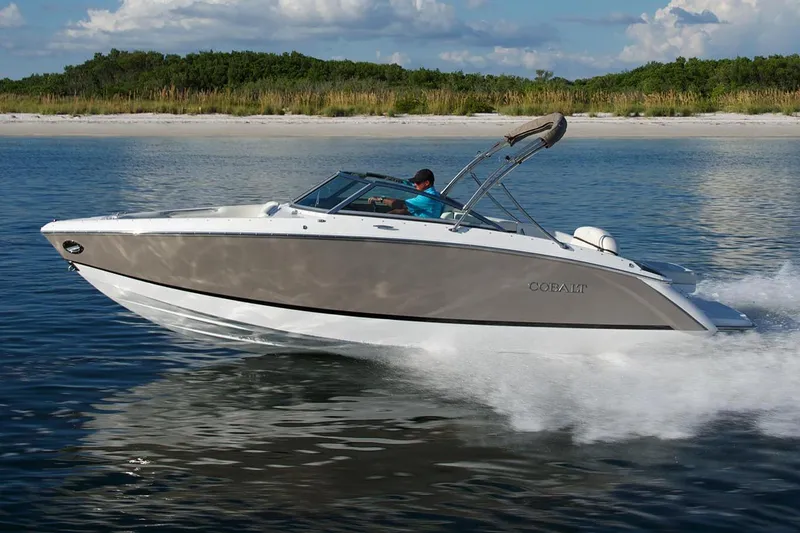 Slide: The Image of 2019 Cobalt R3 boat interior with luxurious seating and sleek design. - 2