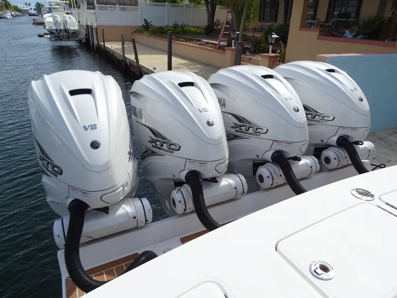 Slide: The Image of Four Yamaha XTO V8 outboard engines on a 2022 Regulator 41 boat. - 15