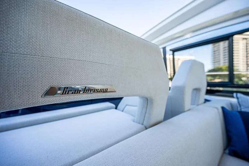 Slide: The Image of Interior seating of 2022 Beneteau Gran Turismo 45 yacht with logo detail. - 47