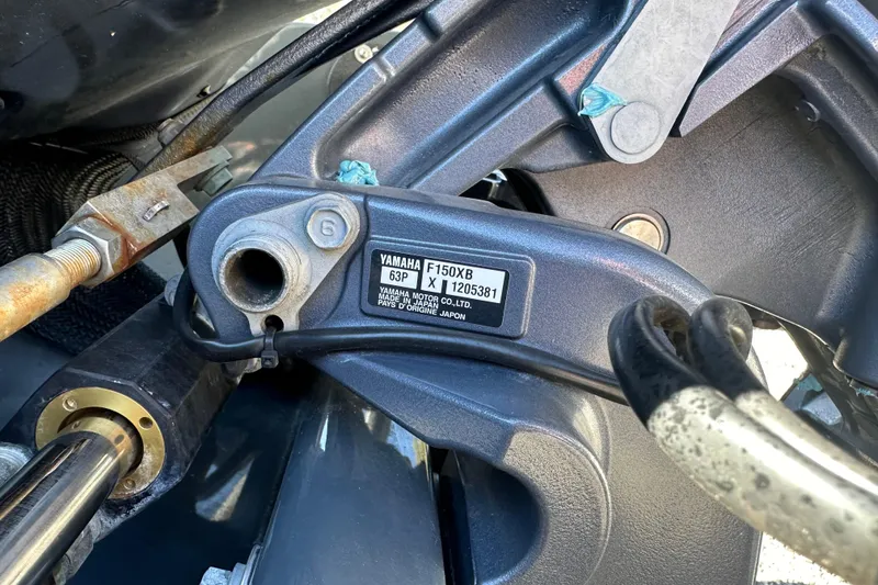 Slide: The Image of Close-up of Yamaha F150XB engine part on 2019 Sealegs 7.1 RIB boat. - 27