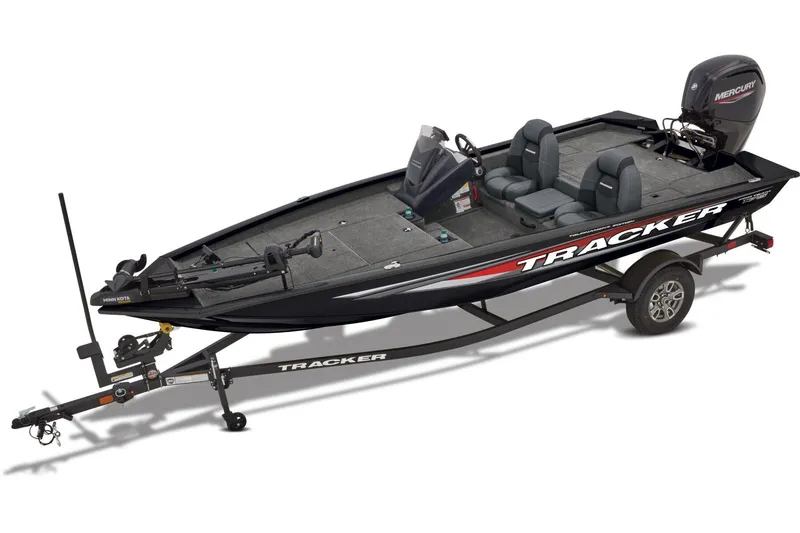 Slide: The Image of 2026 Tracker Pro Team 175 boat on trailer, side view, black finish. - 3