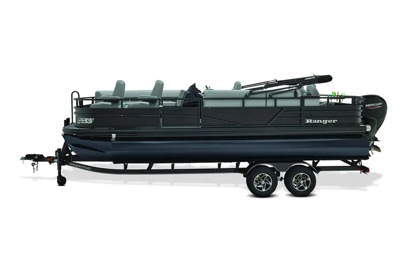 Slide: The Image of 2026 Ranger 220FC boat on trailer, parked outdoors under a partly cloudy sky. - 3