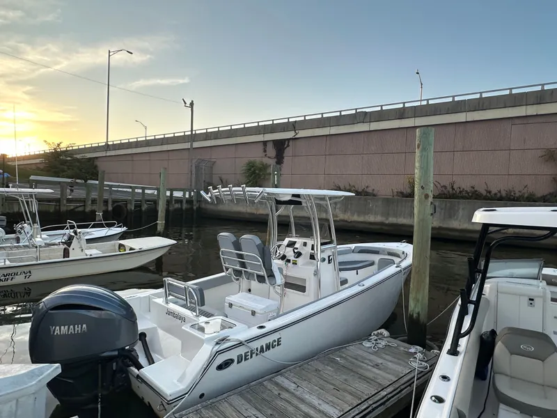 Slide: The Image of 2024 Defiance 240 Catalina boat docked at sunset. - 3