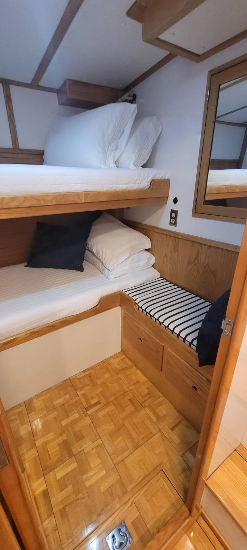 Slide: The Image of Cozy cabin interior of 1989 Duffy Wilbur 42 Flybridge Cruiser with wooden bunk beds. - 36