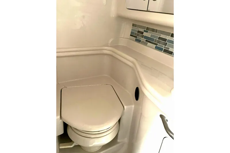 Slide: The Image of 2006 Sea Ray 340 Sundancer bathroom with modern tile accents and compact design. - 12
