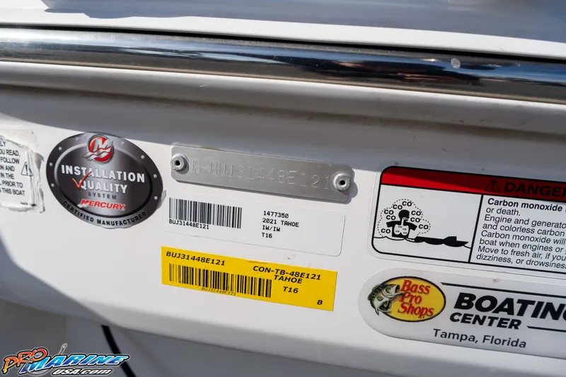 Slide: The Image of 2021 Tahoe T16 boat with installation quality and safety labels, Tampa, Florida. - 3