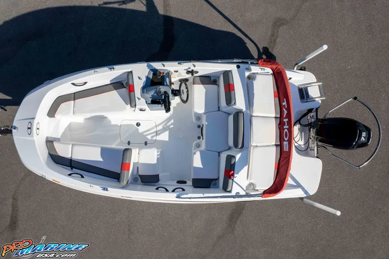 Slide: The Image of Overhead view of 2021 Tahoe T16 boat with seating and motor. - 35