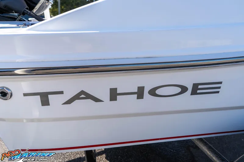 Slide: The Image of 2021 Tahoe T16 boat side view with logo and branding. - 4