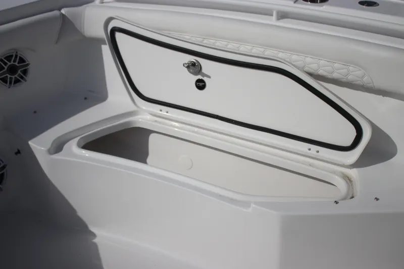 Slide: The Image of 2026 Tidewater 256 LXF boat storage compartment with open hatch. - 13