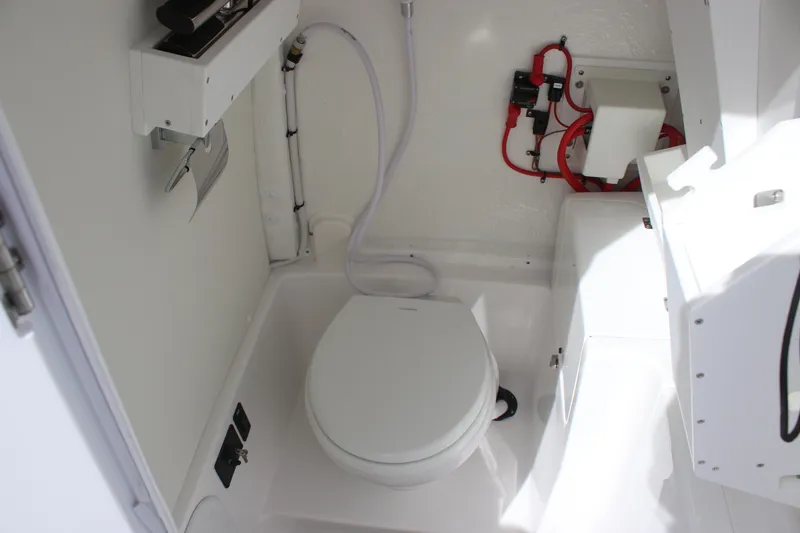 Slide: The Image of 2026 Tidewater 256 LXF boat interior with compact marine toilet and storage. - 25