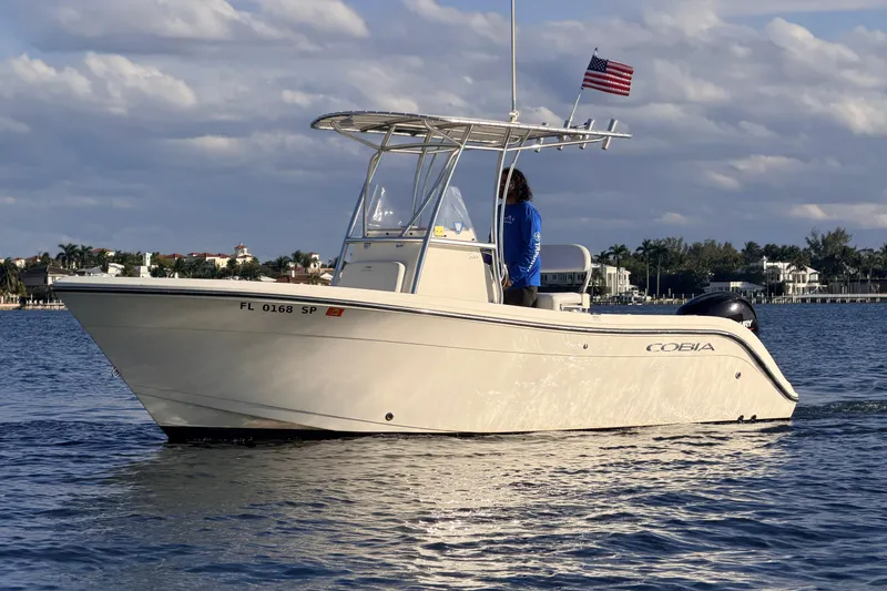 Slide: The Image of 2020 Cobia 220 Center Console boat on water with American flag, scenic background. - 3