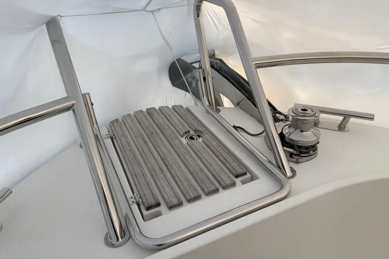 Slide: The Image of Sargo 36 (2021) boat deck with stainless steel railings and winch. - 30
