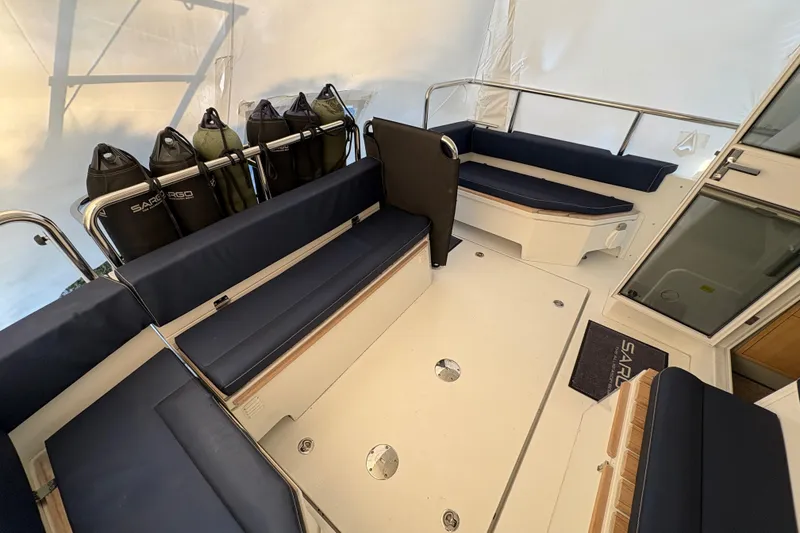 Slide: The Image of Interior of 2021 Sargo 36 boat with seating and storage compartments. - 8