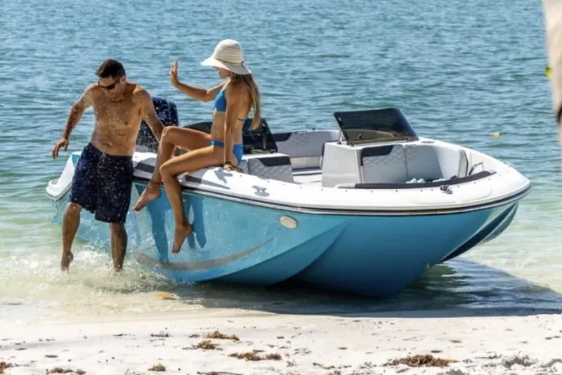 Slide: The Image of 2026 Bayliner M17 boat rear view with outboard motor and ladder. - 2