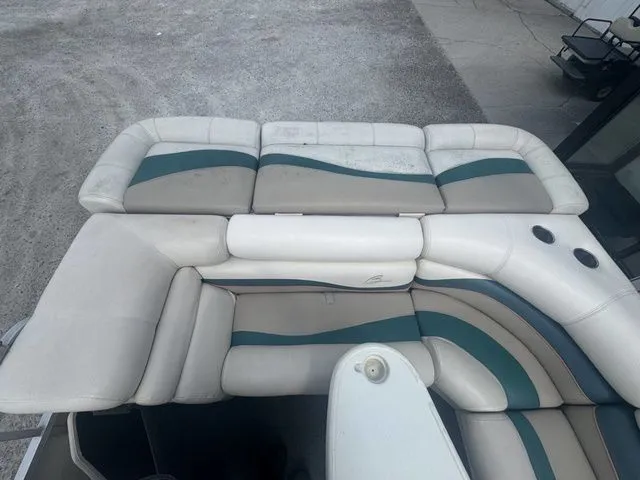 Slide: The Image of Bennington 2080 LX 2000 pontoon boat seating area, gray and green upholstery. - 14