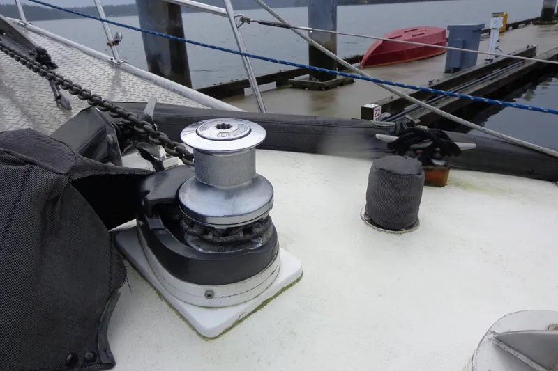 Slide: The Image of Deck of 1979 Islander Freeport Center Cockpit Ketch with winch and mooring equipment. - 3