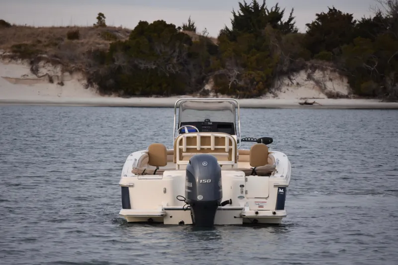 Slide: The Image of 2020 Scout 215 XSF boat on water near sandy shoreline and trees. - 3