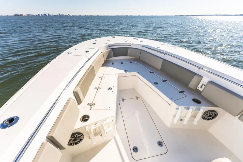 Slide: The Image of 2021 Cape Horn 32 XS boat interior with seating and ocean view. - 10