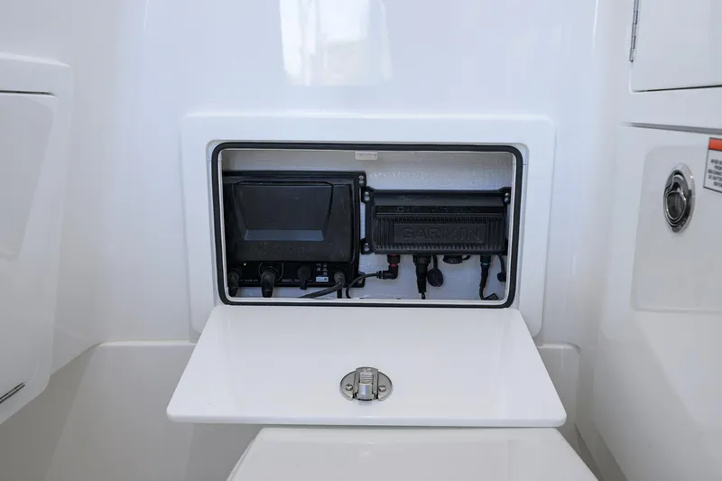 Slide: The Image of 2026 Valhalla Boatworks V-28 Bay electronics compartment with Garmin equipment. - 36