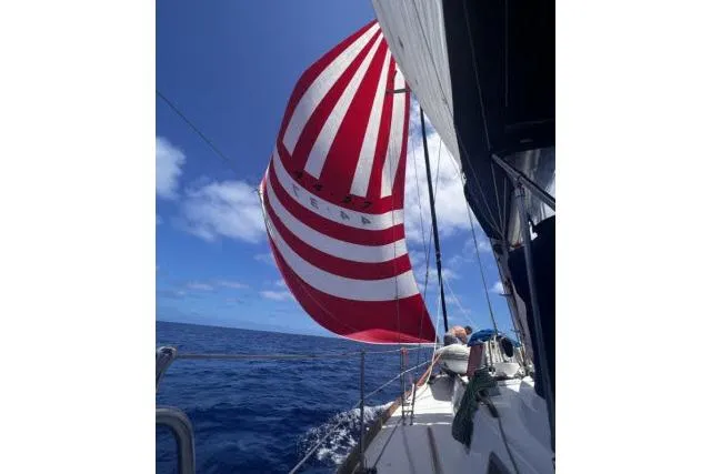 Slide: The Image of Sailing on a 1988 Hylas Custom 44 with red and white spinnaker in open ocean. - 42