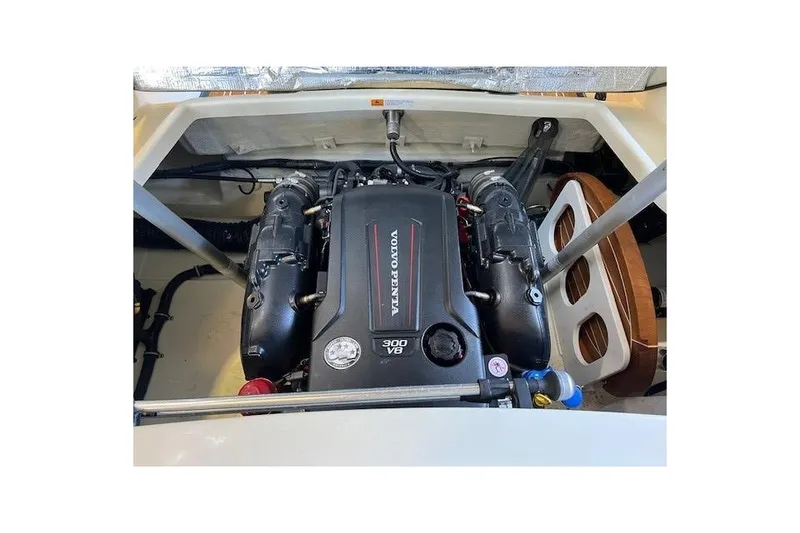 Slide: The Image of 2021 Chris-Craft Launch 27 engine compartment with Volvo Penta 300 V8 engine. - 21