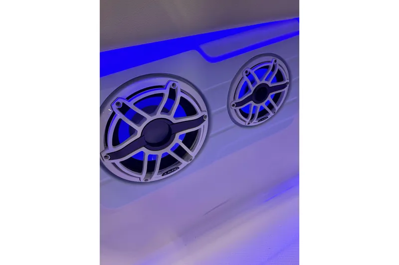 Slide: The Image of 2026 Robalo R300 Center Console boat speakers with blue LED lighting. - 10