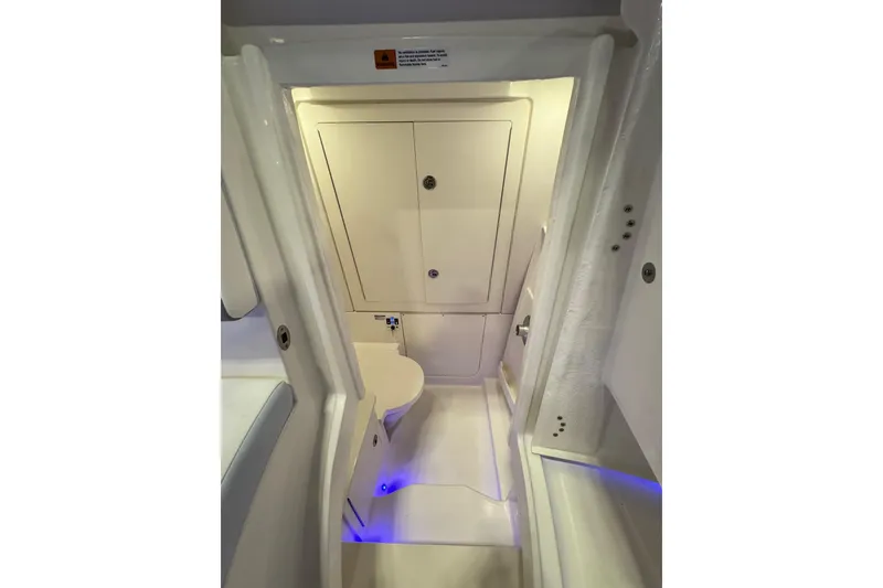 Slide: The Image of 2026 Robalo R300 Center Console boat interior with compact bathroom amenities. - 8