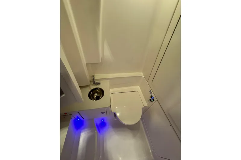 Slide: The Image of 2026 Robalo R300 Center Console boat interior with compact bathroom amenities. - 9