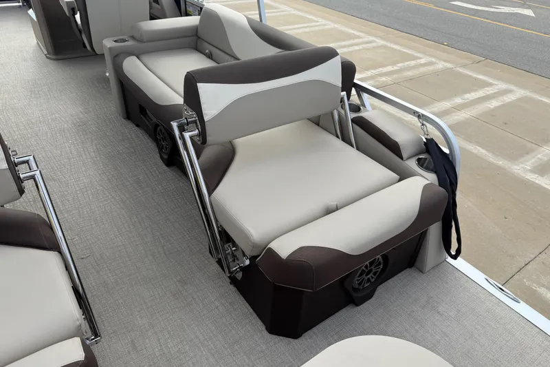 Slide: The Image of 2026 Avalon LSZ Quad Lounger Shift boat interior with plush seating and modern design. - 38