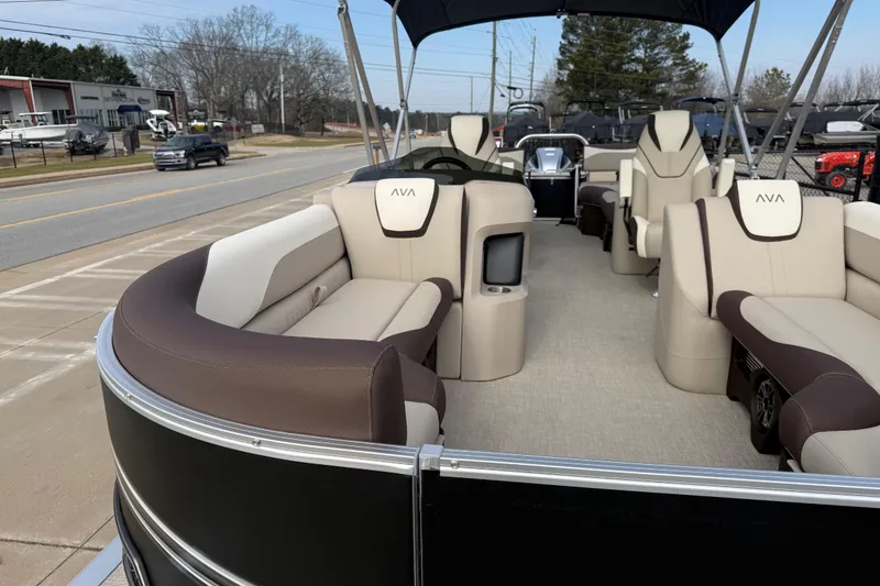 Slide: The Image of 2026 Avalon LSZ Quad Lounger Shift pontoon boat with luxurious seating and modern design. - 9