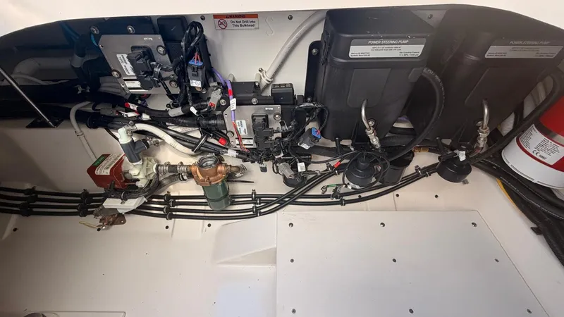 Slide: The Image of Interior view of Tiara Sport 34 LS 2023, showcasing technical components. - 30