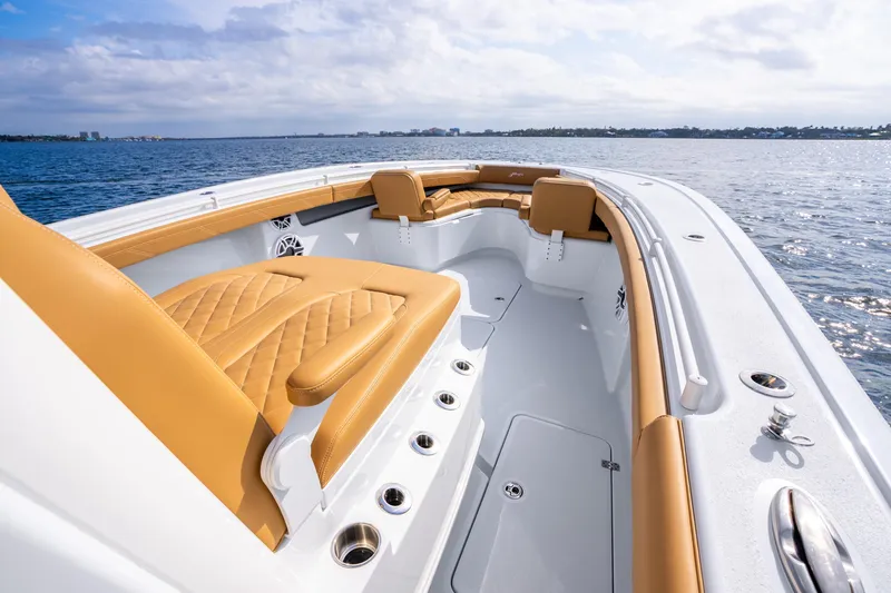Slide: The Image of 2026 Yellowfin 36 Offshore boat with luxurious interior on the water. - 5