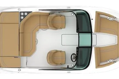 Slide: The Image of 2026 Bayliner V20i boat interior, top view with tan seating and modern design. - 40
