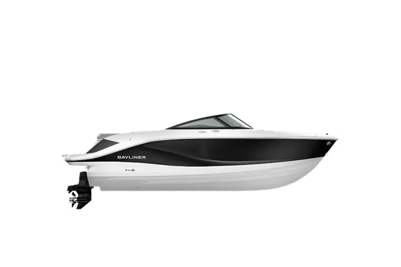 Slide: The Image of 2026 Bayliner V20i boat, sleek design, black and white color scheme, side view. - 43
