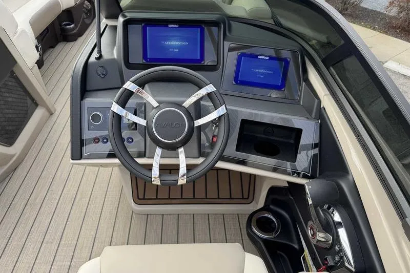 Slide: The Image of 2026 Avalon 2585 27-3 Excalibur LTD QLS luxury boat interior with plush seating. - 13