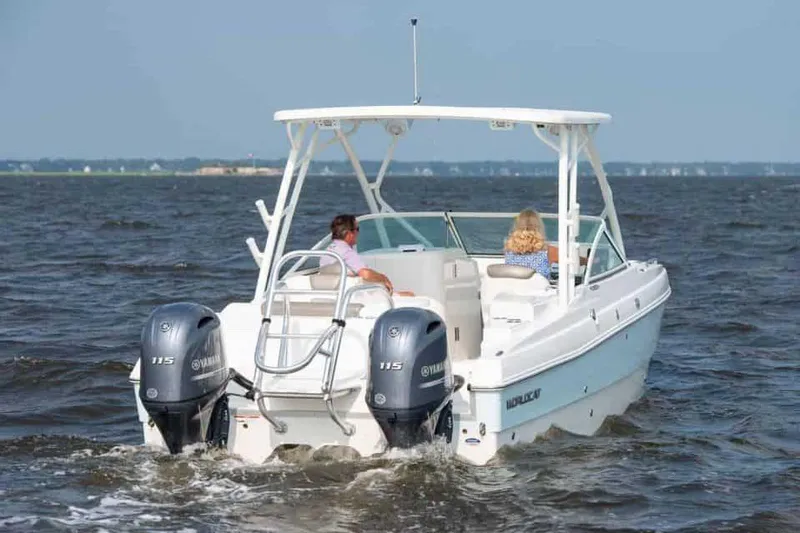 Slide: The Image of Manufacturer Provided Image: 2026 World Cat 230 SD boat cruising on open water with two passengers. - 6