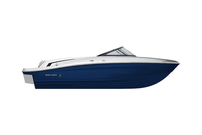 Slide: The Image of 2026 Bayliner VR6 Bowrider I/O, sleek blue and white design, side view. - 43