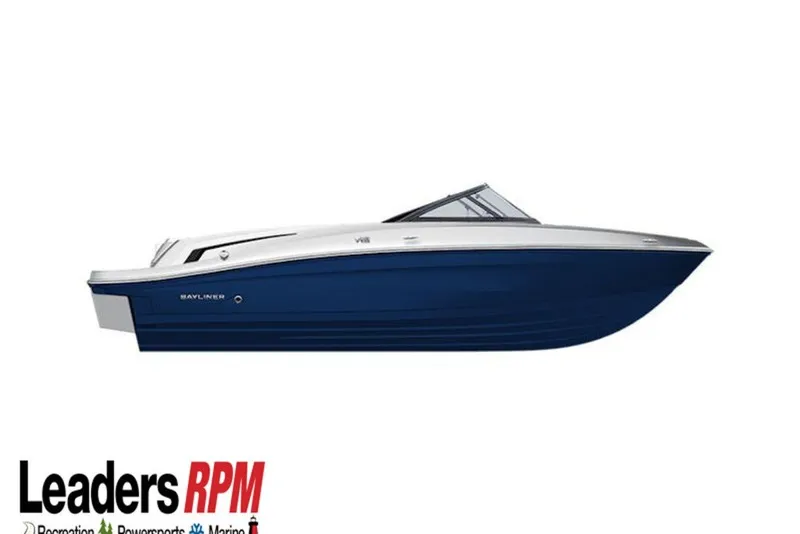 Slide: The Image of 2026 Bayliner VR6 Bowrider I/O boat, sleek design, blue and white exterior. - 39