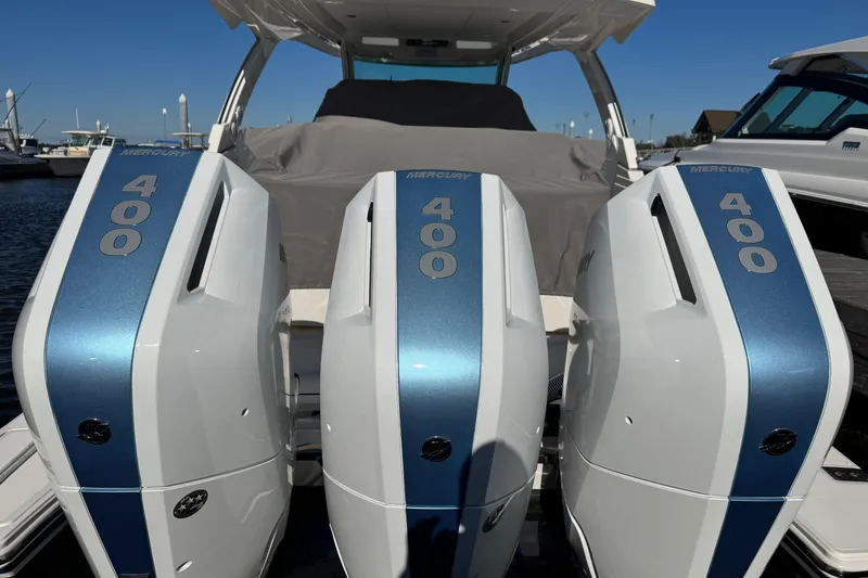 Slide: The Image of Triple Mercury 400 outboard engines on 2025 Tiara Yachts 38 LS boat. - 4