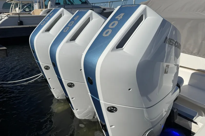 Slide: The Image of Triple Mercury 400 outboard engines on 2025 Tiara Yachts 38 LS boat. - 5
