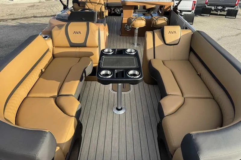 Slide: The Image of Luxurious interior of 2026 Avalon 2585 25 Catalina ENT pontoon boat with tan seating. - 7