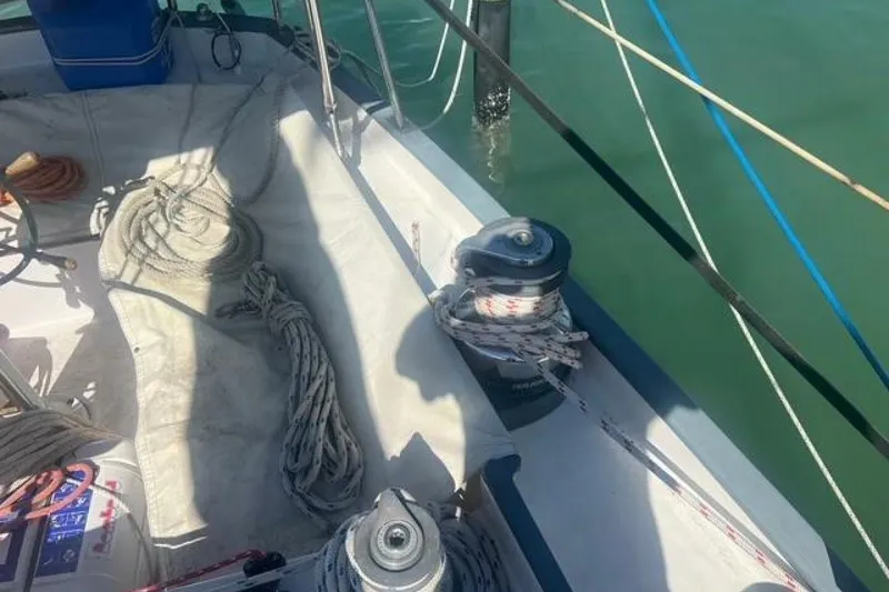 Slide: The Image of Deck of 1993 Custom Baraka 46 sailboat with ropes and winches. - 24