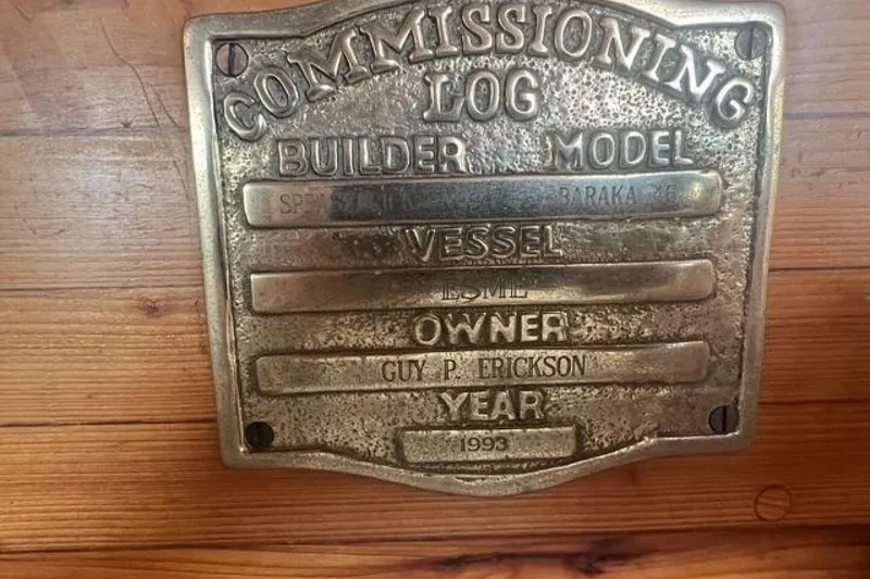 Slide: The Image of Commissioning plaque for Custom Baraka 46 vessel, built in 1993, owned by Guy P. Erickson. - 30