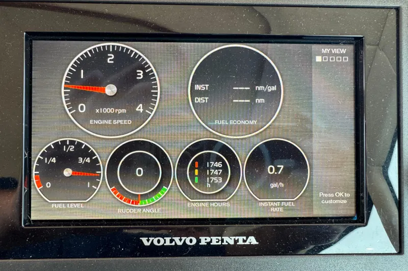 Slide: The Image of Volvo Penta engine display on 2014 Tiara Yachts 5800 Sovran, showing gauges and fuel data. - 32