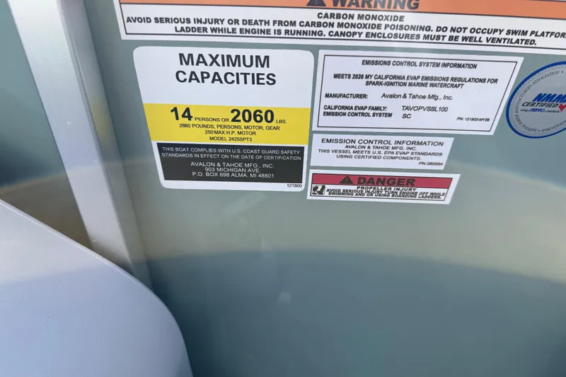 Slide: The Image of 2026 Avalon LSZ Quad Lounger Shift capacity and emissions labels, highlighting safety and compliance details. - 34