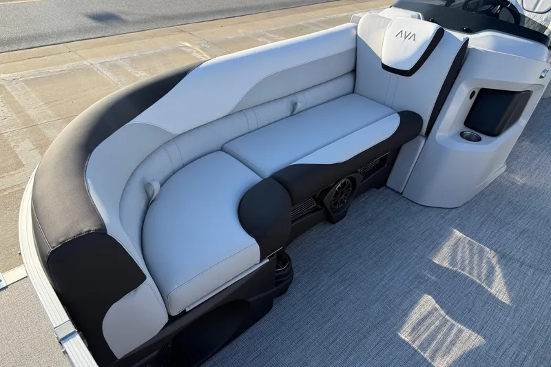Slide: The Image of 2026 Avalon LSZ Quad Lounger Shift boat interior with sleek, modern seating design. - 9